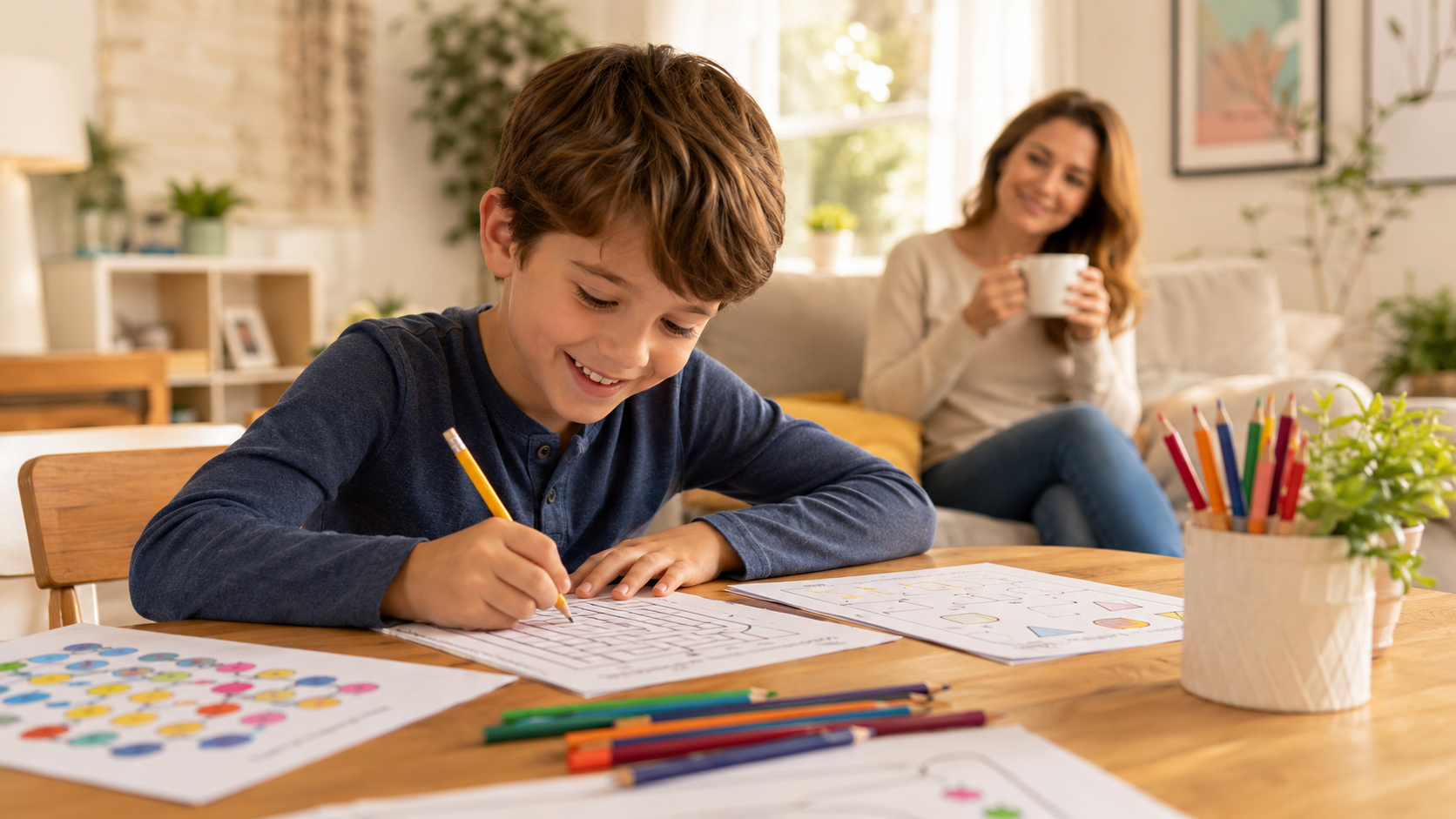 A focused child doing paper activities while mom calmly enjoys her coffee